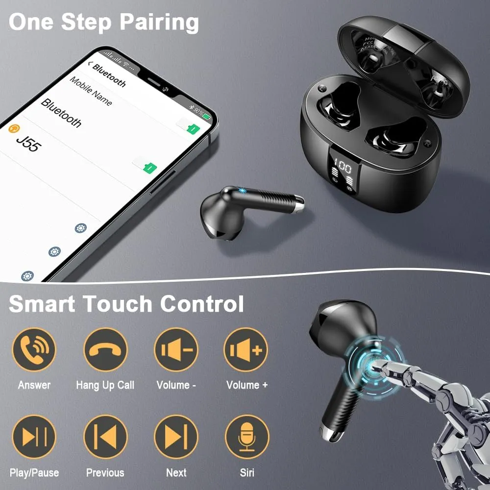 Wireless Earbuds, Bluetooth Headphones V5.4 Stereo Bass Ear Buds with ENC Noise Cancelling Mics,56H Bluetooth Earbuds with LED Display Charging Case, IP7 Waterproof Earphones for Android iOS, Black