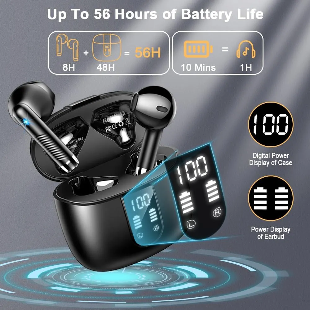 Wireless Earbuds, Bluetooth Headphones V5.4 Stereo Bass Ear Buds with ENC Noise Cancelling Mics,56H Bluetooth Earbuds with LED Display Charging Case, IP7 Waterproof Earphones for Android iOS, Black