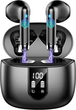 Wireless Earbuds, Bluetooth Headphones V5.4 Stereo Bass Ear Buds with ENC Noise Cancelling Mics,56H Bluetooth Earbuds with LED Display Charging Case, IP7 Waterproof Earphones for Android iOS, Black