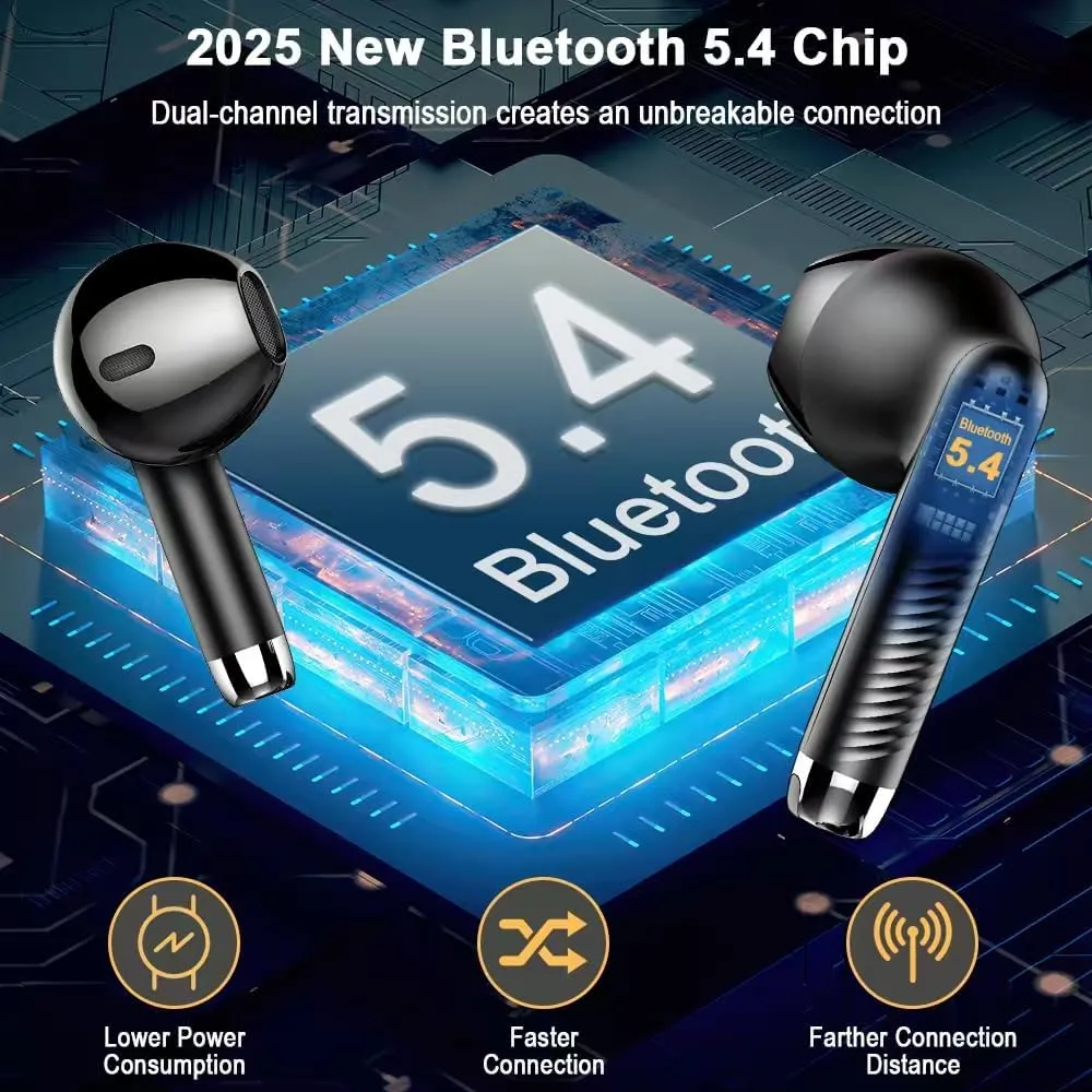 Wireless Earbuds, Bluetooth Headphones V5.4 Stereo Bass Ear Buds with ENC Noise Cancelling Mics,56H Bluetooth Earbuds with LED Display Charging Case, IP7 Waterproof Earphones for Android iOS, Black