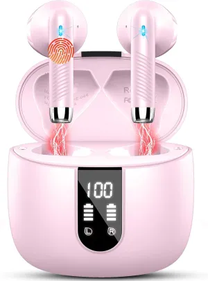 Wireless Earbuds, Bluetooth Headphones V5.4 Stereo Bass Ear buds with ENC Noise Cancelling Mics,56H Bluetooth Earbuds with LED Display Charging Case, IP7 Waterproof Earphones for Android iOS,Deep pink
