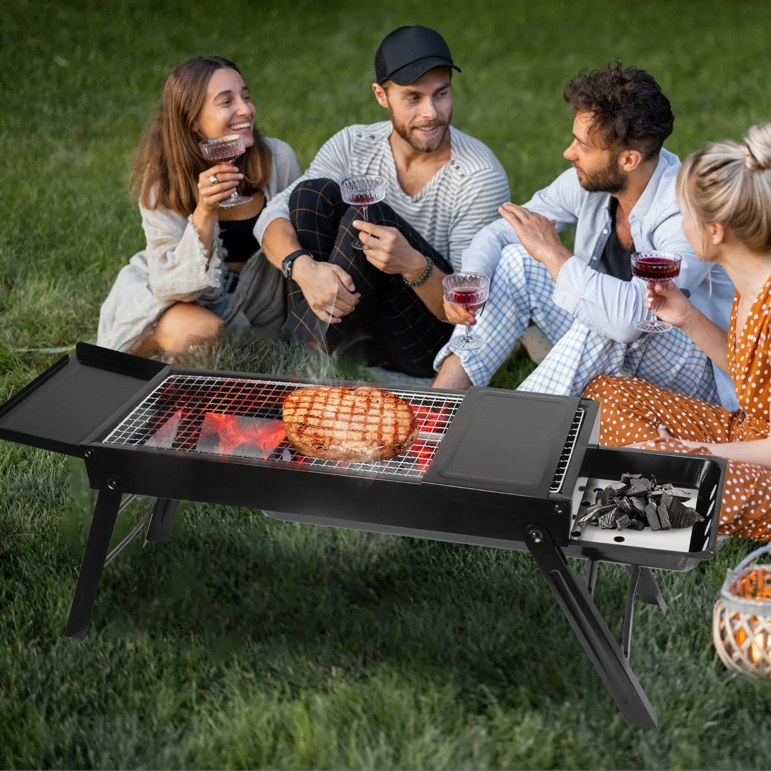 Wireless-enabled Easy Portable Shelf Picnic Stainless Camping Party Barbecue Grill Steel with Tabletop Backyard Charcoal Setup Foldable for Holiday sale BBQ Grill Net Grill Outdoor