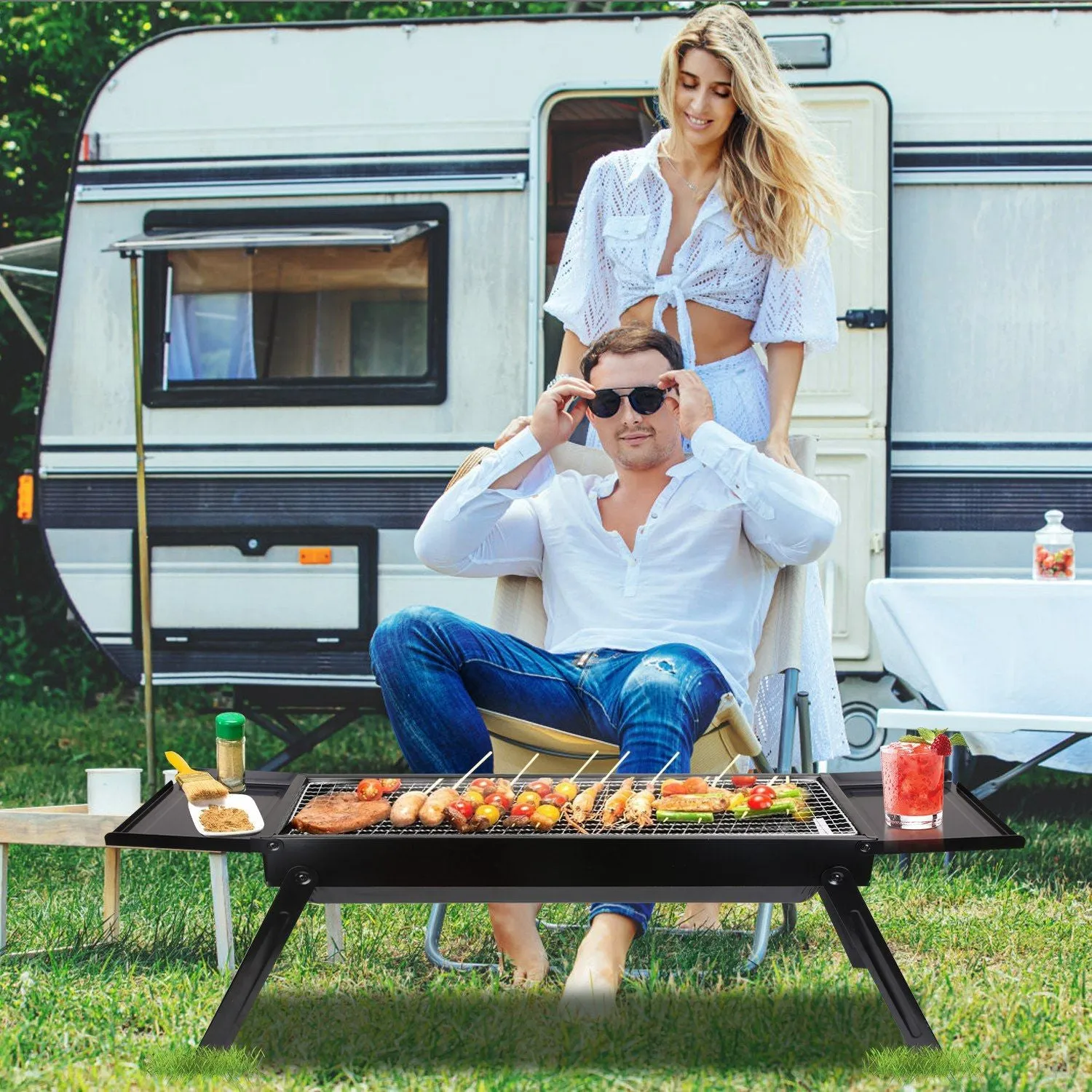 Wireless-enabled Easy Portable Shelf Picnic Stainless Camping Party Barbecue Grill Steel with Tabletop Backyard Charcoal Setup Foldable for Holiday sale BBQ Grill Net Grill Outdoor