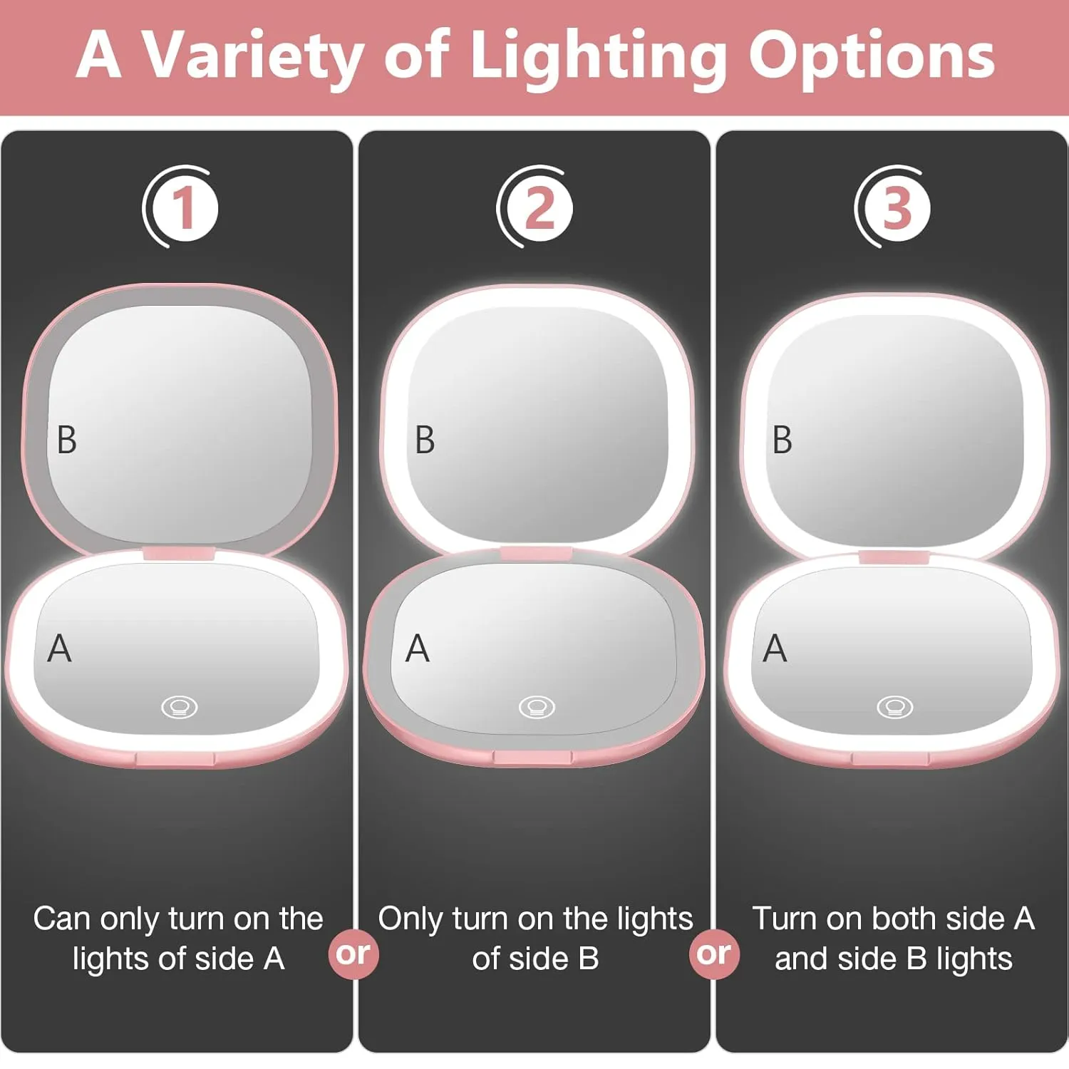 wobsion Travel Mirror with Light, Rechargeable 1x/10x Compact Magnifying Mirror, Dimmable Pocket Mirror,Handheld 2-Side Mirror with Light,3.5 inch Travel Size,Portable for Handbag,Purse,Gift,Rose Gold