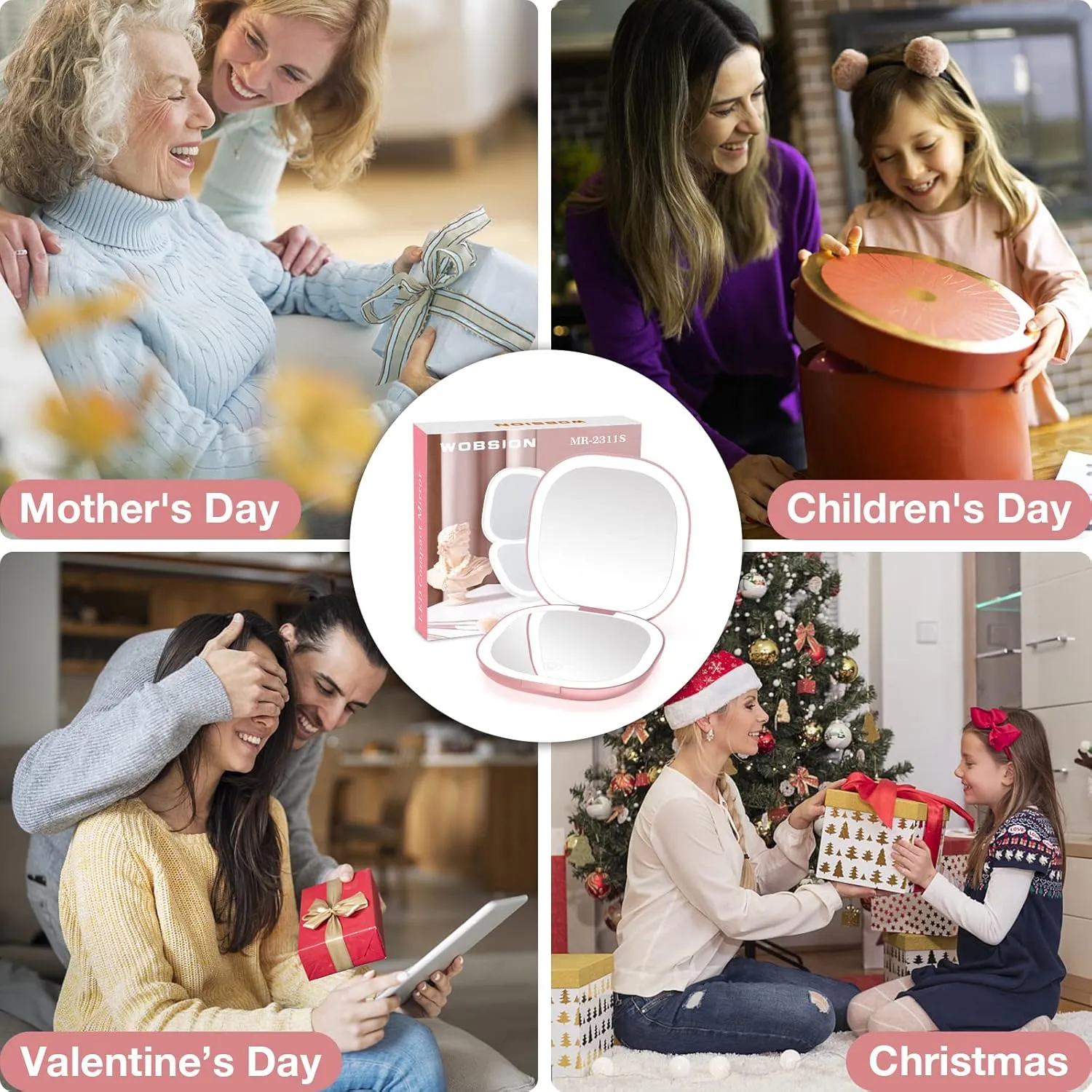 wobsion Travel Mirror with Light, Rechargeable 1x/10x Compact Magnifying Mirror, Dimmable Pocket Mirror,Handheld 2-Side Mirror with Light,3.5 inch Travel Size,Portable for Handbag,Purse,Gift,Rose Gold