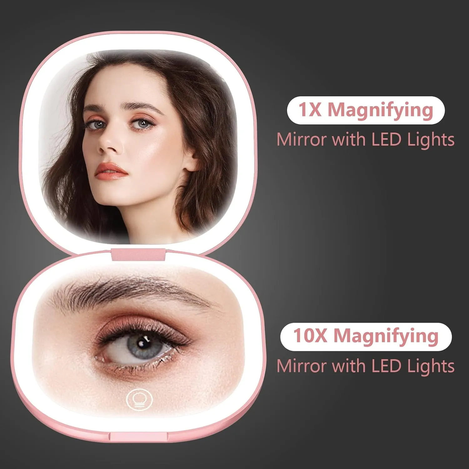 wobsion Travel Mirror with Light, Rechargeable 1x/10x Compact Magnifying Mirror, Dimmable Pocket Mirror,Handheld 2-Side Mirror with Light,3.5 inch Travel Size,Portable for Handbag,Purse,Gift,Rose Gold