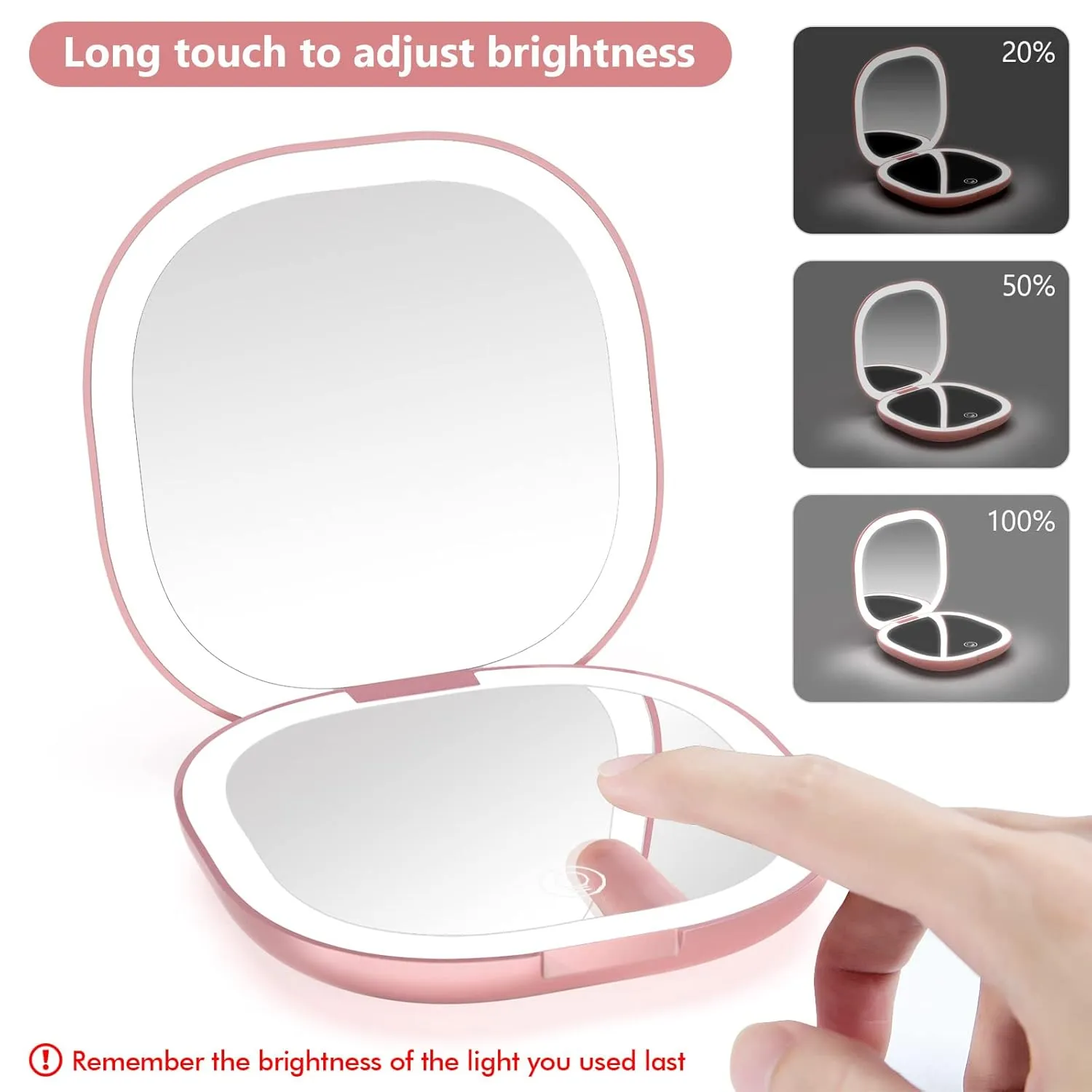 wobsion Travel Mirror with Light, Rechargeable 1x/10x Compact Magnifying Mirror, Dimmable Pocket Mirror,Handheld 2-Side Mirror with Light,3.5 inch Travel Size,Portable for Handbag,Purse,Gift,Rose Gold