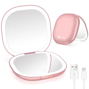 wobsion Travel Mirror with Light, Rechargeable 1x/10x Compact Magnifying Mirror, Dimmable Pocket Mirror,Handheld 2-Side Mirror with Light,3.5 inch Travel Size,Portable for Handbag,Purse,Gift,Rose Gold