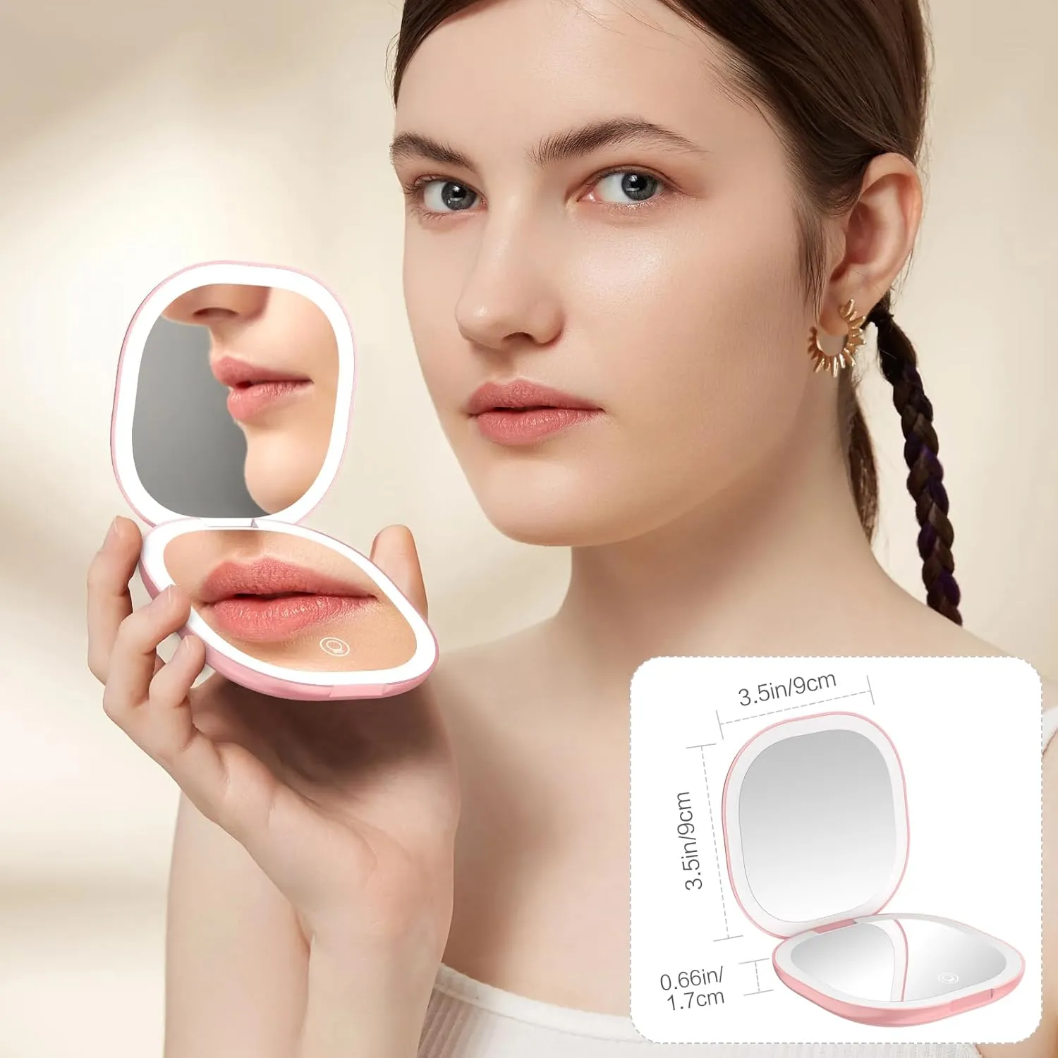wobsion Travel Mirror with Light, Rechargeable 1x/10x Compact Magnifying Mirror, Dimmable Pocket Mirror,Handheld 2-Side Mirror with Light,3.5 inch Travel Size,Portable for Handbag,Purse,Gift,Rose Gold