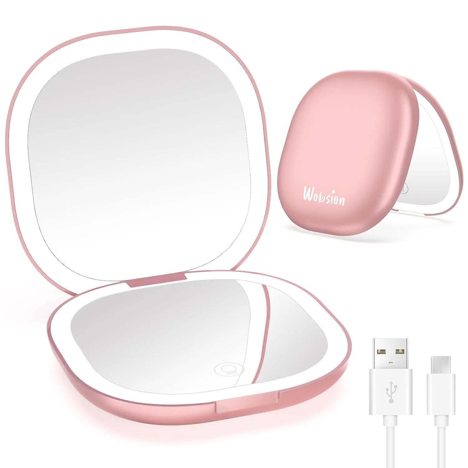wobsion Travel Mirror with Light, Rechargeable 1x/10x Compact Magnifying Mirror, Dimmable Pocket Mirror,Handheld 2-Side Mirror with Light,3.5 inch Travel Size,Portable for Handbag,Purse,Gift,Rose Gold