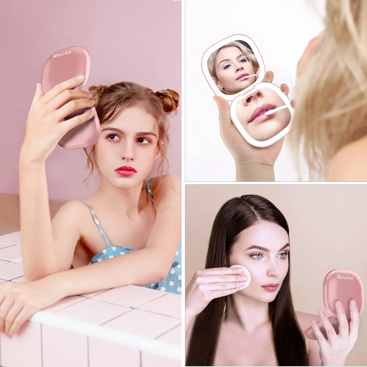 wobsion Travel Mirror with Light, Rechargeable 1x/10x Compact Magnifying Mirror, Dimmable Pocket Mirror,Handheld 2-Side Mirror with Light,3.5 inch Travel Size,Portable for Handbag,Purse,Gift,Rose Gold
