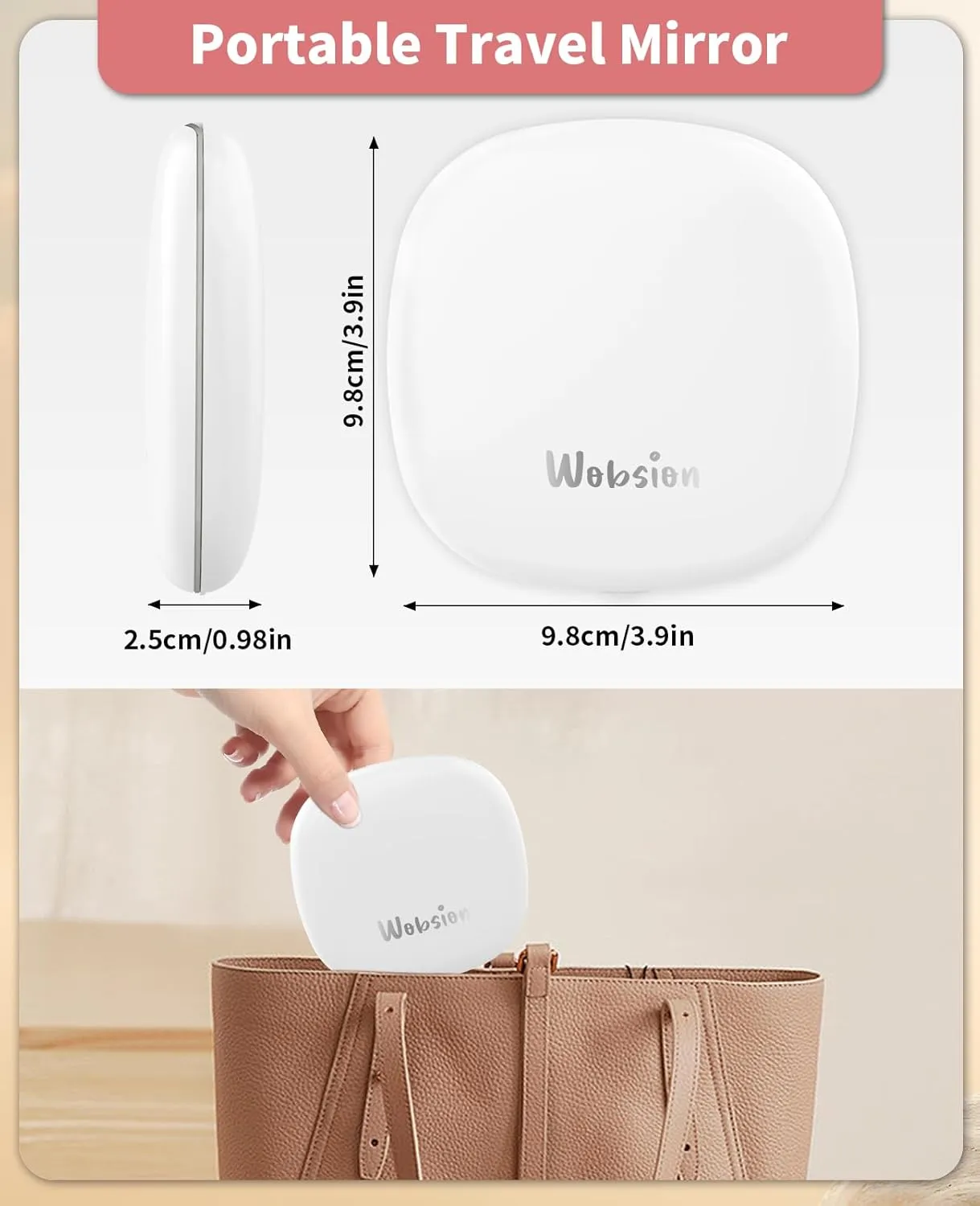 wobsion Travel Mirror with Light, Rechargeable 1x/10x Compact Magnifying Mirror, Dimmable Pocket Mirror,Handheld 2-Side Mirror with Light,4inch Travel Size,Portable for Handbag,Purse,Gift,White