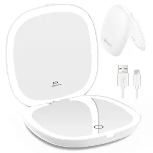 wobsion Travel Mirror with Light, Rechargeable 1x/10x Compact Magnifying Mirror, Dimmable Pocket Mirror,Handheld 2-Side Mirror with Light,4inch Travel Size,Portable for Handbag,Purse,Gift,White