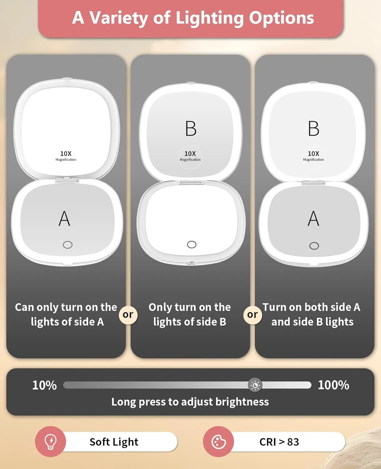wobsion Travel Mirror with Light, Rechargeable 1x/10x Compact Magnifying Mirror, Dimmable Pocket Mirror,Handheld 2-Side Mirror with Light,4inch Travel Size,Portable for Handbag,Purse,Gift,White