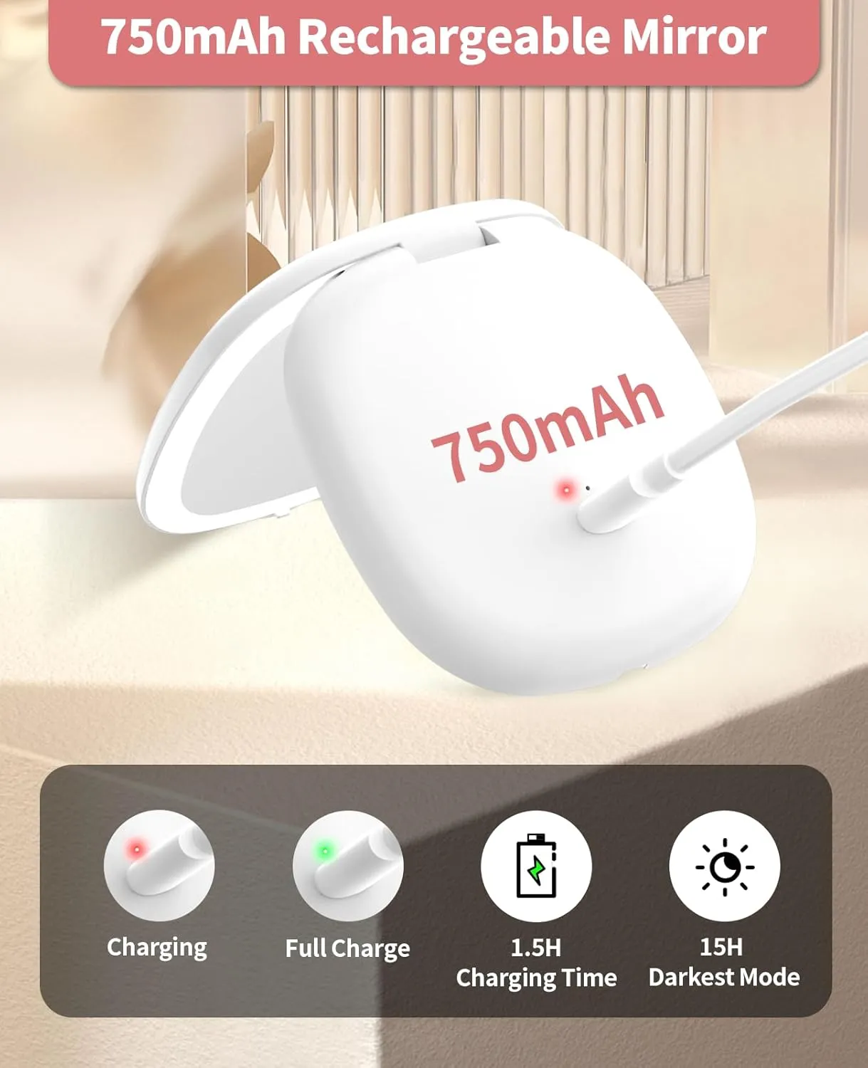 wobsion Travel Mirror with Light, Rechargeable 1x/10x Compact Magnifying Mirror, Dimmable Pocket Mirror,Handheld 2-Side Mirror with Light,4inch Travel Size,Portable for Handbag,Purse,Gift,White