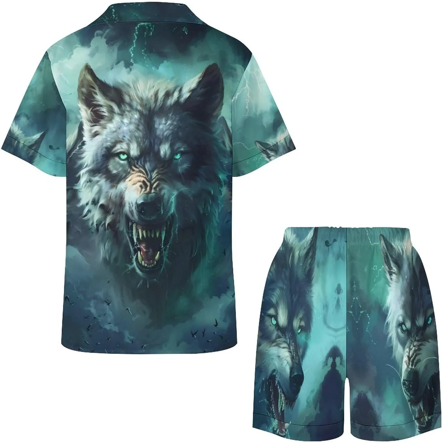Wolf Women's Satin Pajama Set Short Sleeve Button Down Sleepwear Loungewear Pj Set