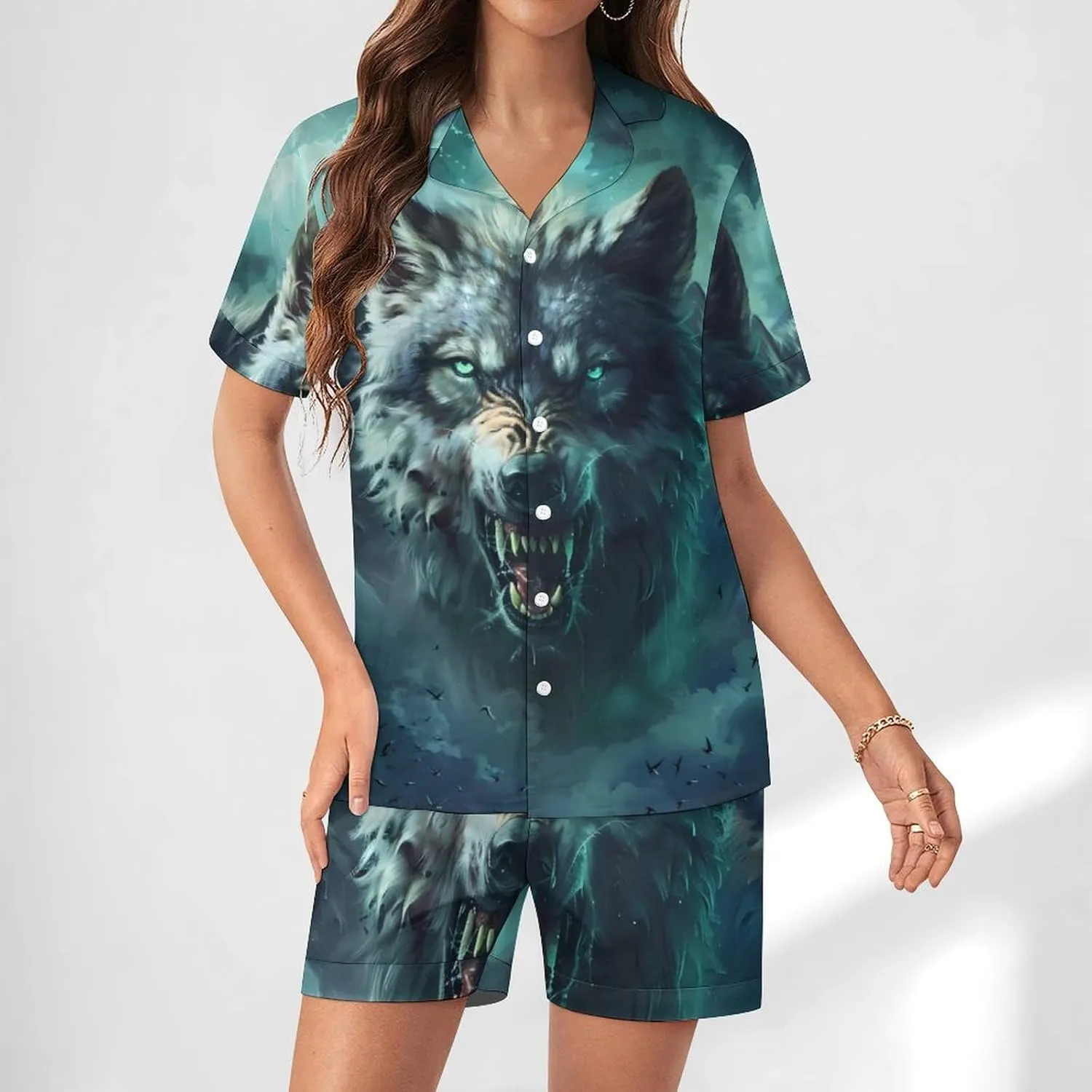 Wolf Women's Satin Pajama Set Short Sleeve Button Down Sleepwear Loungewear Pj Set