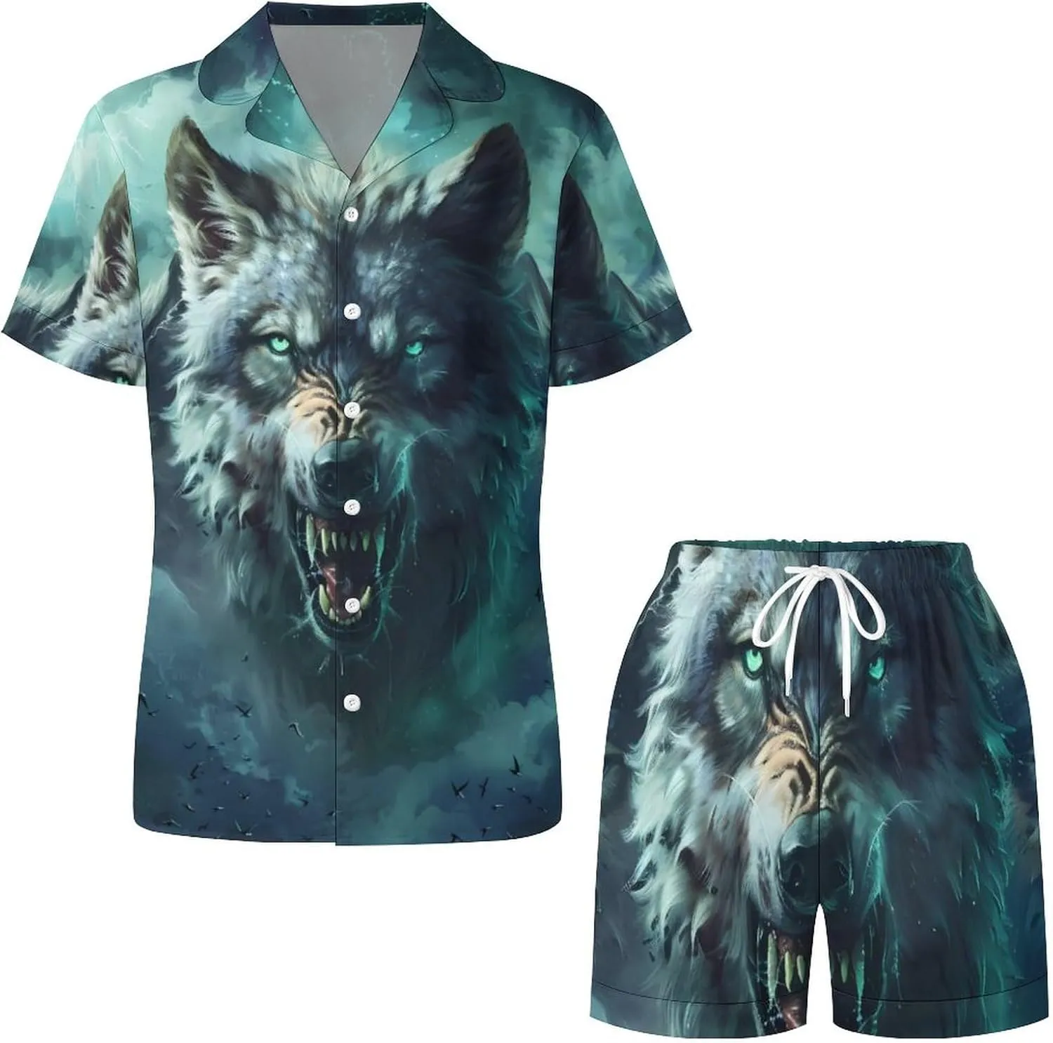Wolf Women's Satin Pajama Set Short Sleeve Button Down Sleepwear Loungewear Pj Set