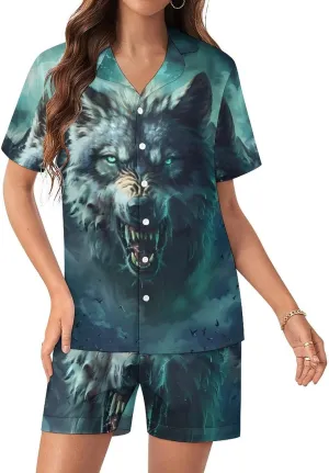 Wolf Women's Satin Pajama Set Short Sleeve Button Down Sleepwear Loungewear Pj Set
