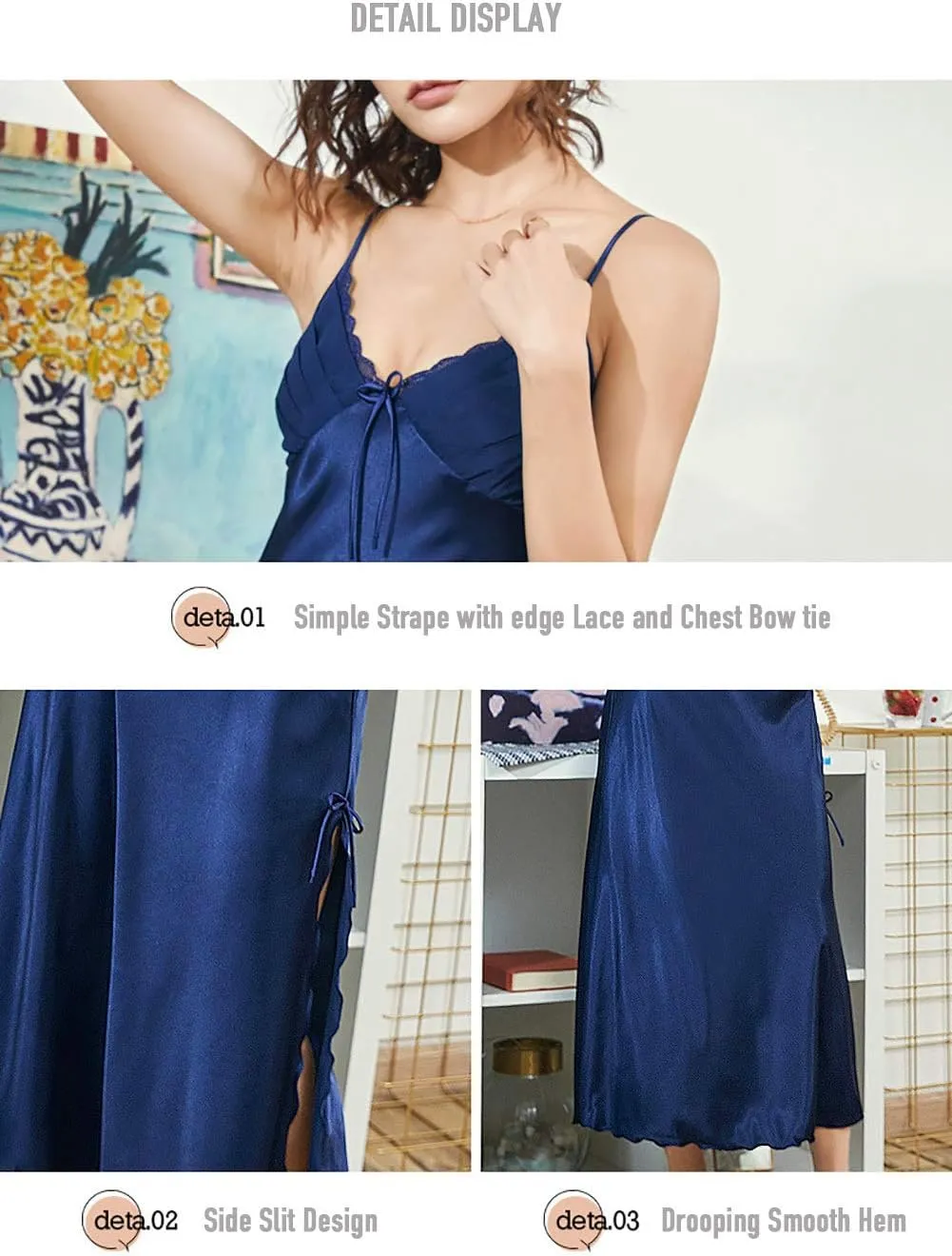 Women Lingerie Nightgowns Full Slips Pajamas Satin Silky Sleepwear Soft Sexy Long Slim Nightdress