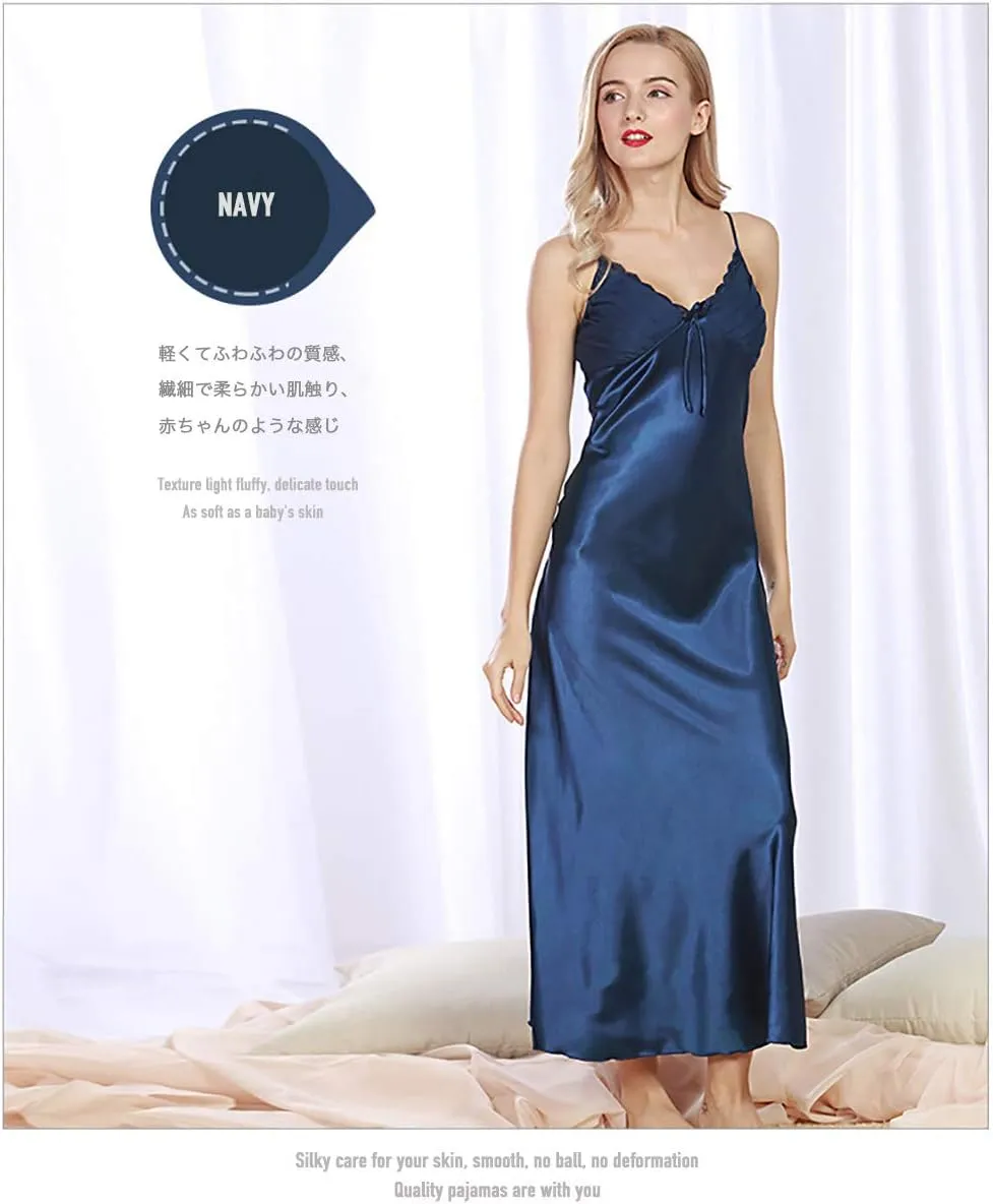 Women Lingerie Nightgowns Full Slips Pajamas Satin Silky Sleepwear Soft Sexy Long Slim Nightdress