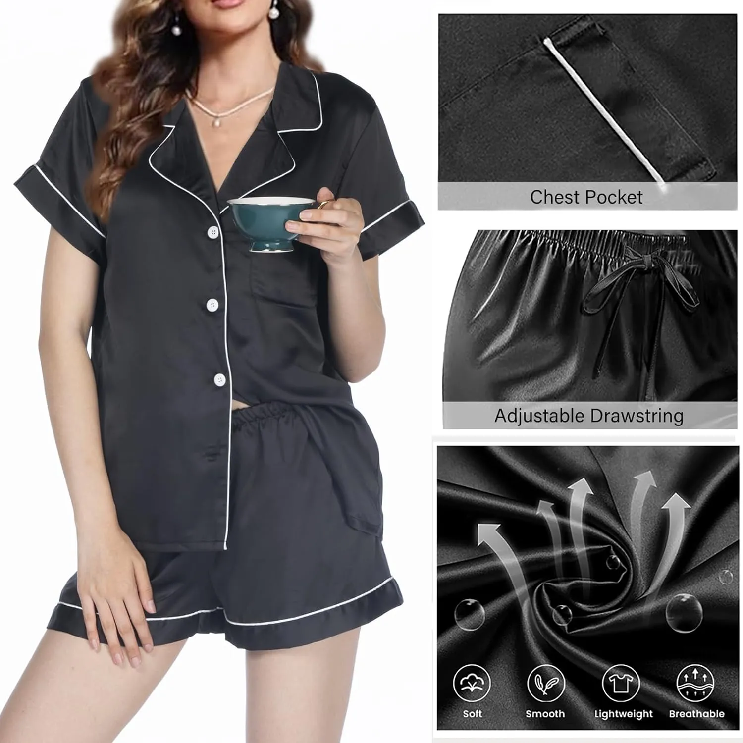 Womens 3Pcs Floral Pajamas Sets Silk Satin Sleepwear XS~4XL Button Down Short Sleeve Shirt Pjs Loungewear