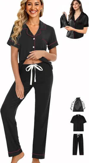 Womens 3Pcs Pajamas Set Soft Pajama Sets Button Down Pjs Set Knit Sleepwear Lounge Sets with Long Pants XS-XXL