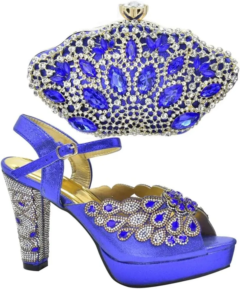 Women's Metal Decor Peep-Toe Super High Heel Pumps with Matching Bag Slip-On Party Shoes