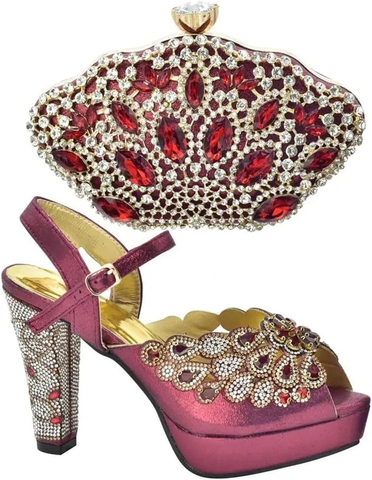 Women's Metal Decor Peep-Toe Super High Heel Pumps with Matching Bag Slip-On Party Shoes