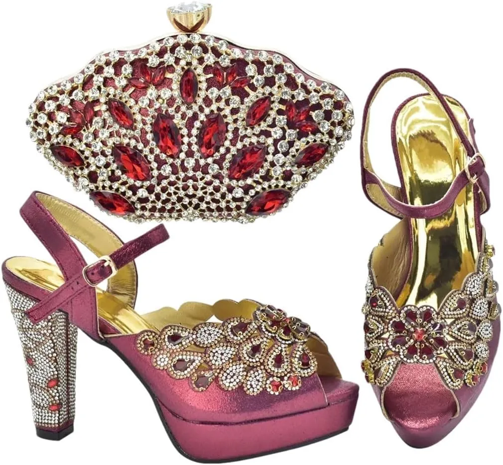 Women's Metal Decor Peep-Toe Super High Heel Pumps with Matching Bag Slip-On Party Shoes