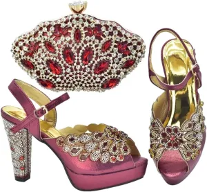 Women's Metal Decor Peep-Toe Super High Heel Pumps with Matching Bag Slip-On Party Shoes