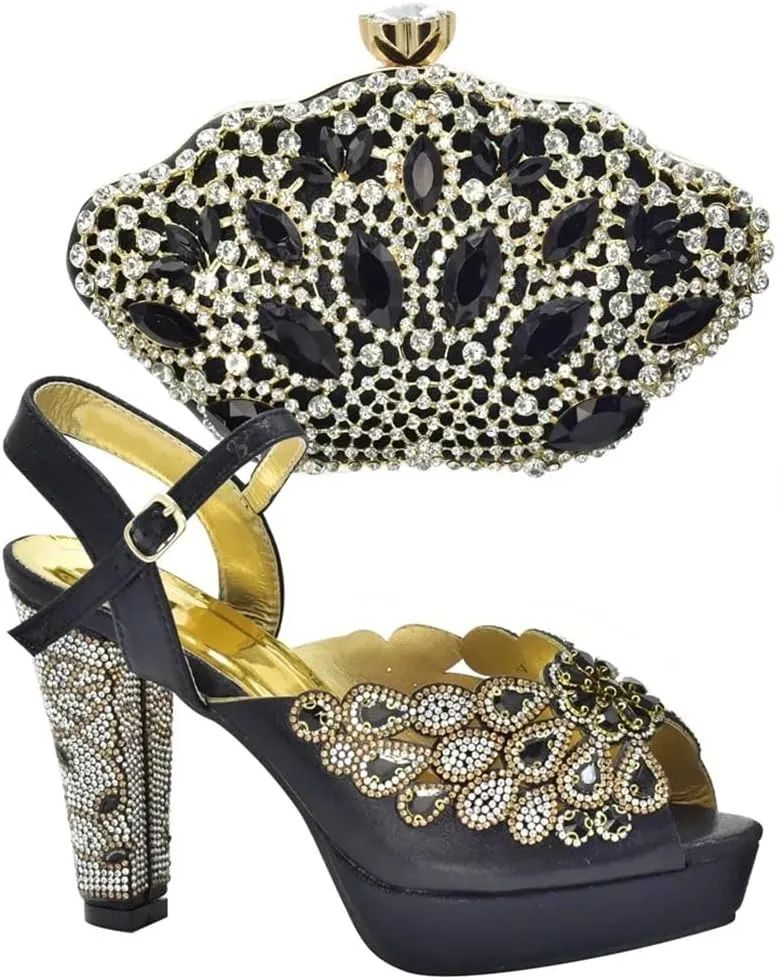 Women's Metal Decor Peep-Toe Super High Heel Pumps with Matching Bag Slip-On Party Shoes