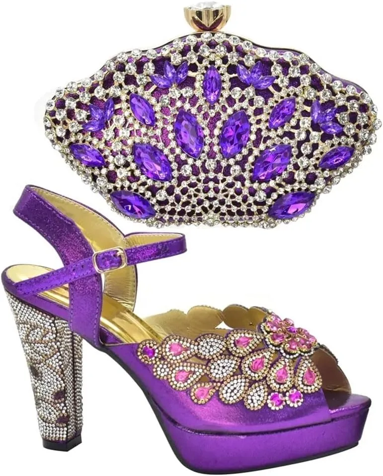 Women's Metal Decor Peep-Toe Super High Heel Pumps with Matching Bag Slip-On Party Shoes