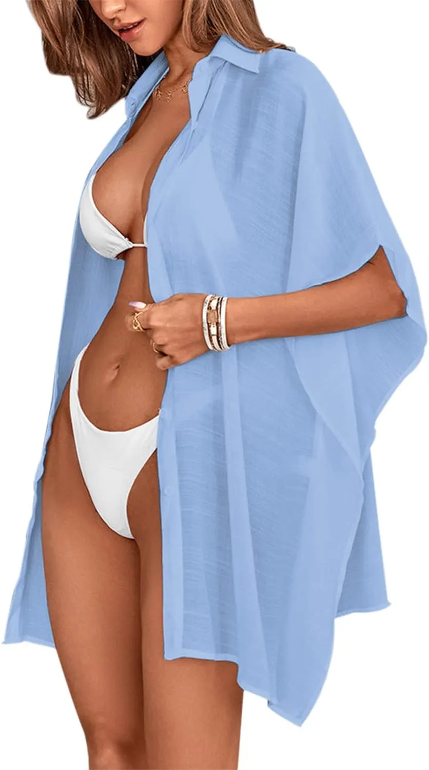 Womens Swimsuit Cover Up Shirts Oversized Beach Bikini Bathing Suit Coverups Beachwear Button Up