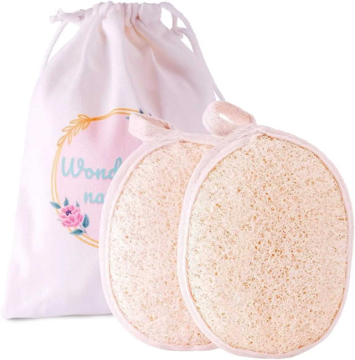 Wonderfulnature Natural Loofah Scrubber - Exfoliating Body Scrub for Smooth & Radiant Skin | Oval-Shaped Loofah Pad with Strap (12x15 cm) | Gentle & Eco-Friendly | Pack of 2 in Cloth Bag