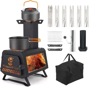 Wood Burning Stove with Fire Window,Portable Tent Stove with 7 Sectional Chimney Pipes,Sturdy Camping Wood Stove with X-shaped Pot Holder for Outdoor Backpacking,Cooking,Hiking and Heating