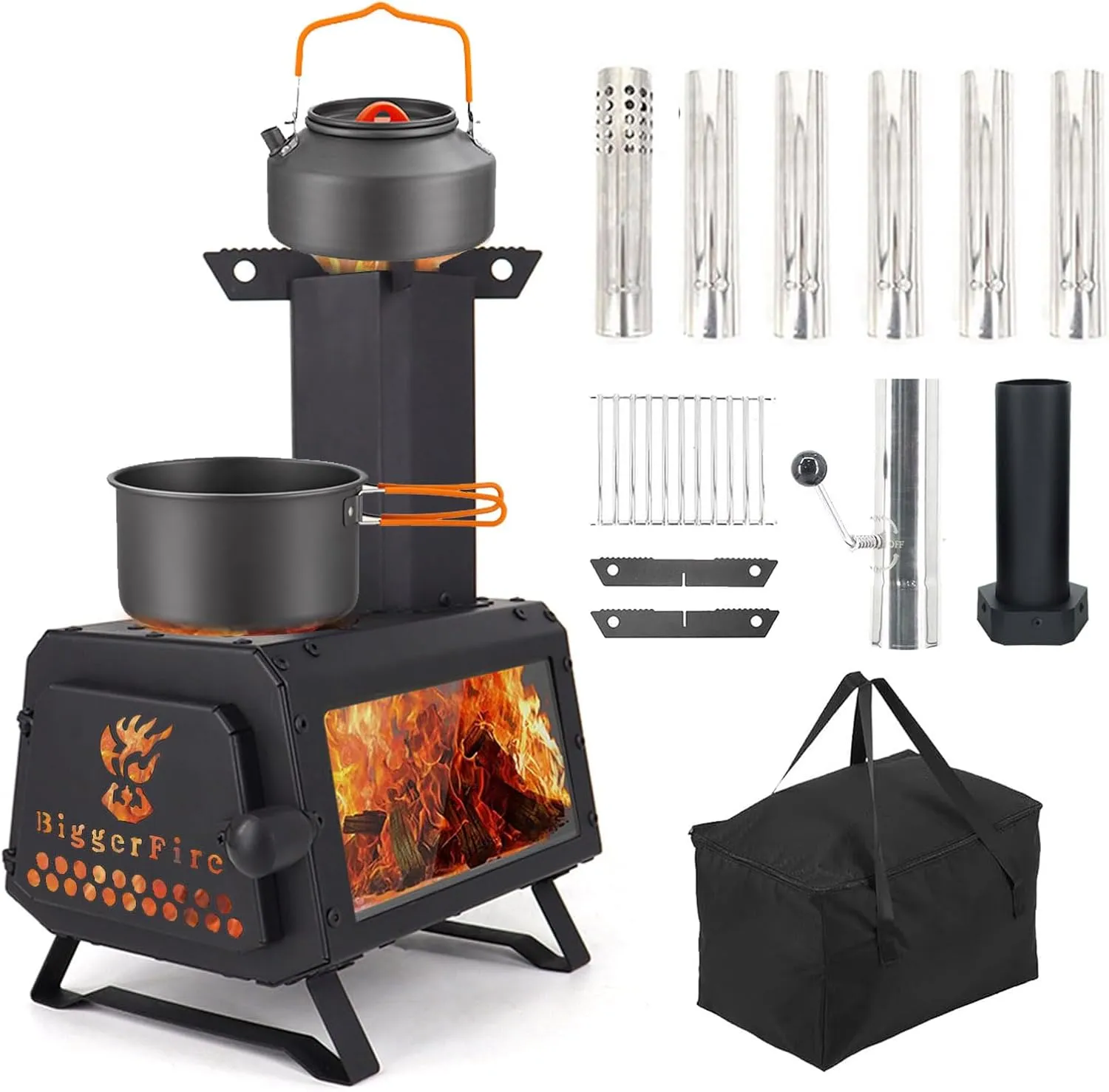 Wood Burning Stove with Fire Window,Portable Tent Stove with 7 Sectional Chimney Pipes,Sturdy Camping Wood Stove with X-shaped Pot Holder for Outdoor Backpacking,Cooking,Hiking and Heating