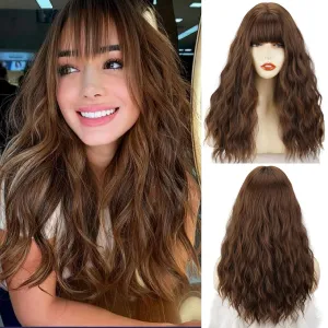 Xinran Brown Wig with Bangs - 18 Inch Medium Length Brown Wavy Wigs for Women Long Synthetic Brown Hair Replacement Wigs Natural Looking for Daily Party Halloween Use