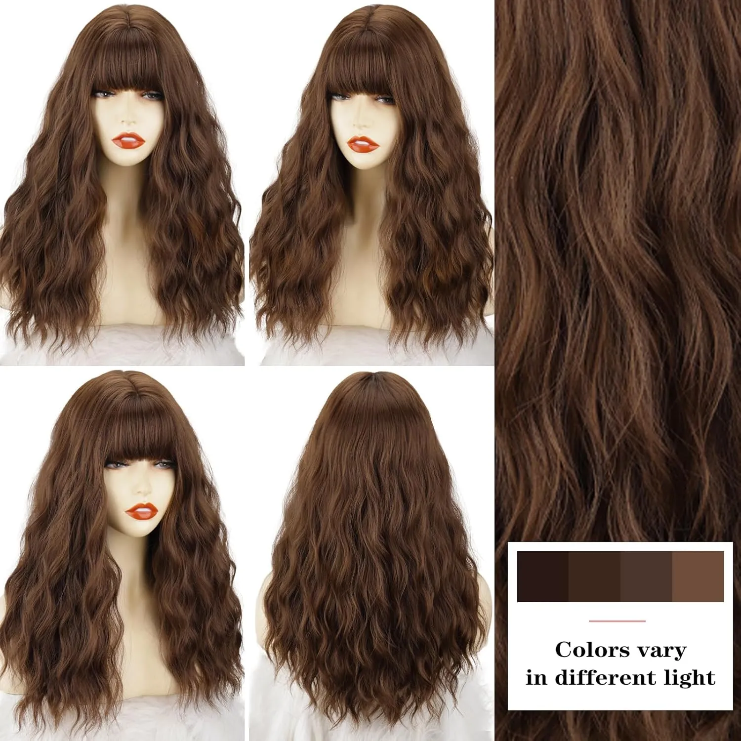 Xinran Brown Wig with Bangs - 18 Inch Medium Length Brown Wavy Wigs for Women Long Synthetic Brown Hair Replacement Wigs Natural Looking for Daily Party Halloween Use