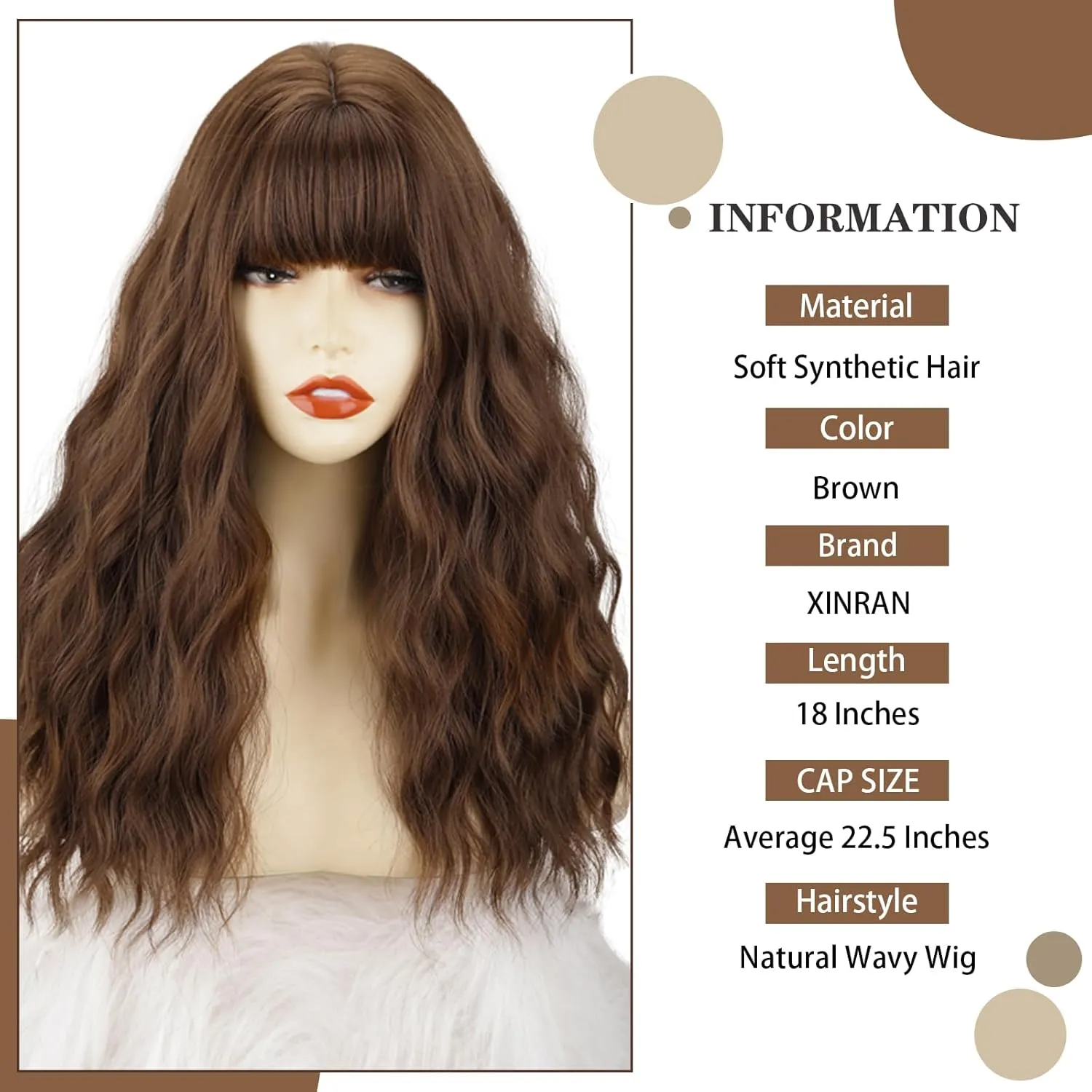 Xinran Brown Wig with Bangs - 18 Inch Medium Length Brown Wavy Wigs for Women Long Synthetic Brown Hair Replacement Wigs Natural Looking for Daily Party Halloween Use