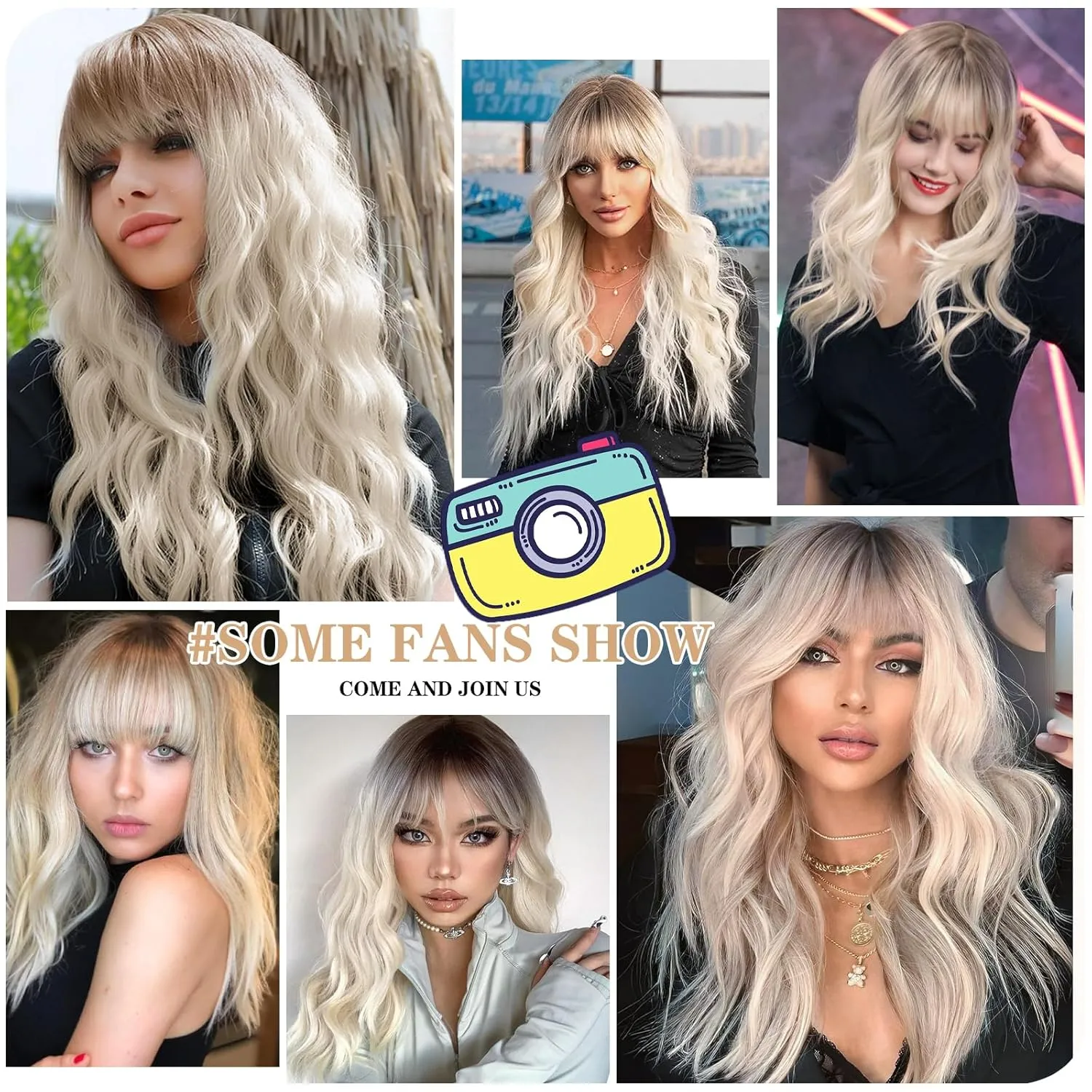 Xinran Long Blonde Wavy Wigs with Bangs Medium Length Wavy Ombre Platinum Blonde Wig for Women 18 Inch Synthetic Heat Resistant Fiber Dark Roots Blond Wig for Daily Party Halloween Use