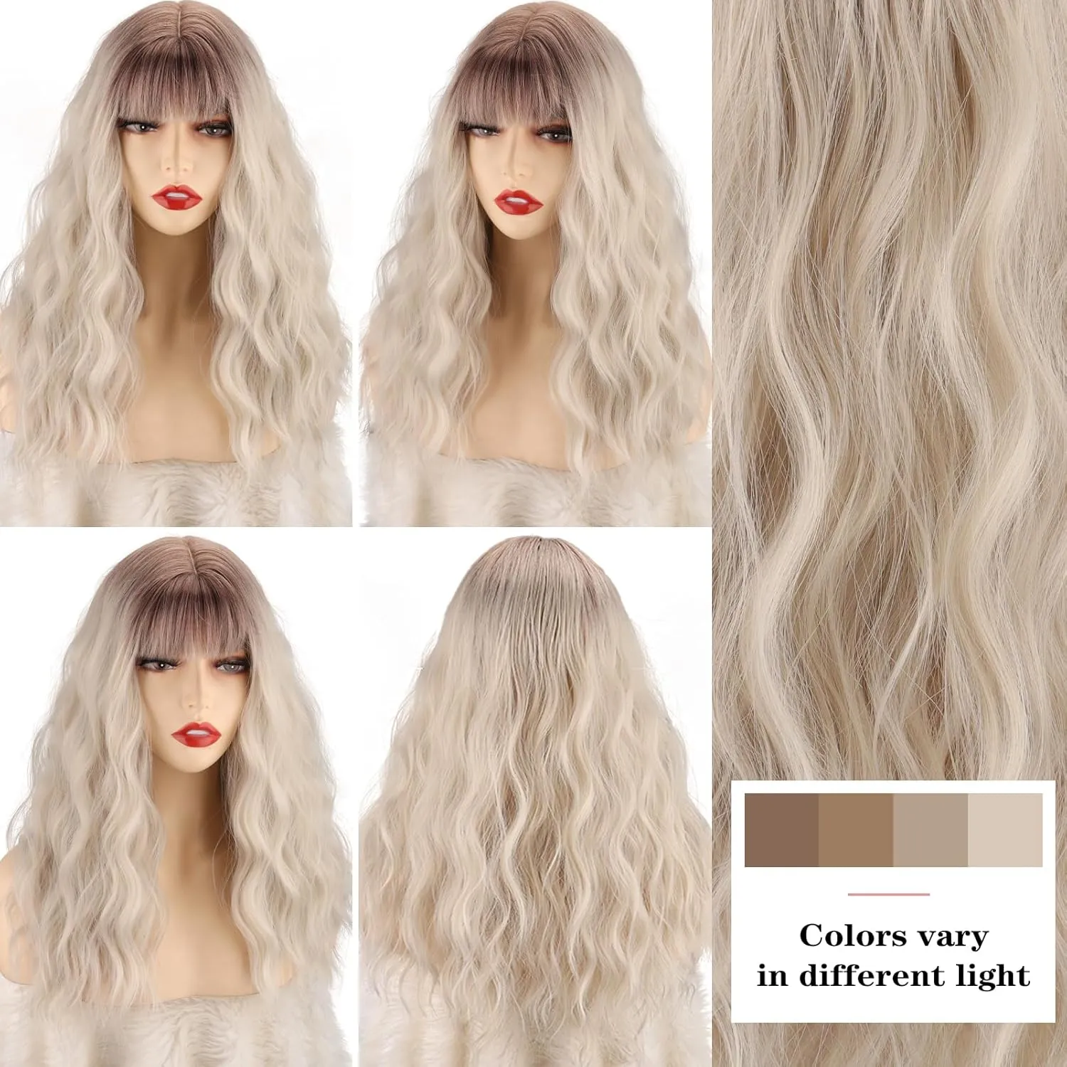 Xinran Long Blonde Wavy Wigs with Bangs Medium Length Wavy Ombre Platinum Blonde Wig for Women 18 Inch Synthetic Heat Resistant Fiber Dark Roots Blond Wig for Daily Party Halloween Use