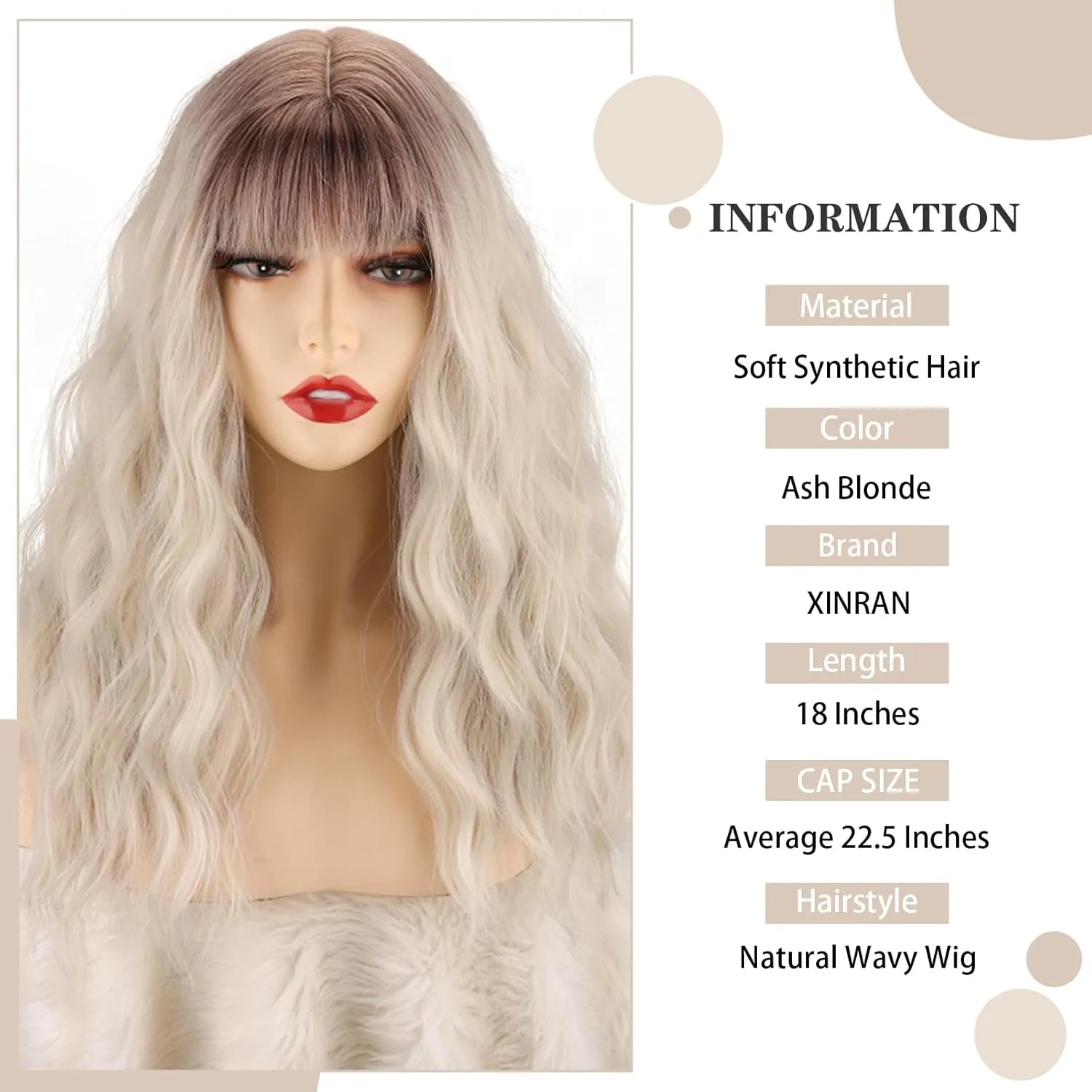 Xinran Long Blonde Wavy Wigs with Bangs Medium Length Wavy Ombre Platinum Blonde Wig for Women 18 Inch Synthetic Heat Resistant Fiber Dark Roots Blond Wig for Daily Party Halloween Use