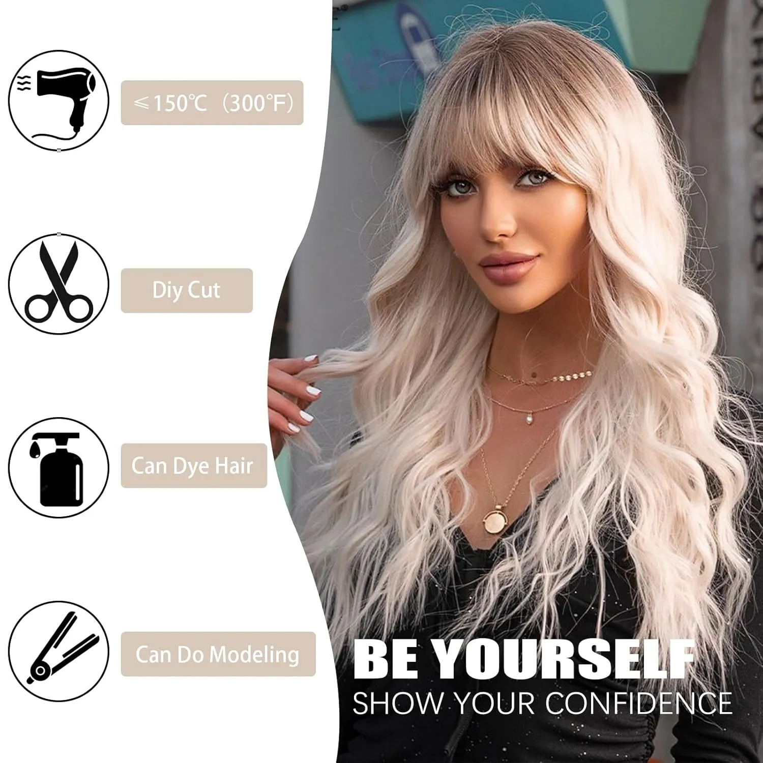 Xinran Long Blonde Wavy Wigs with Bangs Medium Length Wavy Ombre Platinum Blonde Wig for Women 18 Inch Synthetic Heat Resistant Fiber Dark Roots Blond Wig for Daily Party Halloween Use