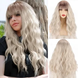 Xinran Long Blonde Wavy Wigs with Bangs Medium Length Wavy Ombre Platinum Blonde Wig for Women 18 Inch Synthetic Heat Resistant Fiber Dark Roots Blond Wig for Daily Party Halloween Use