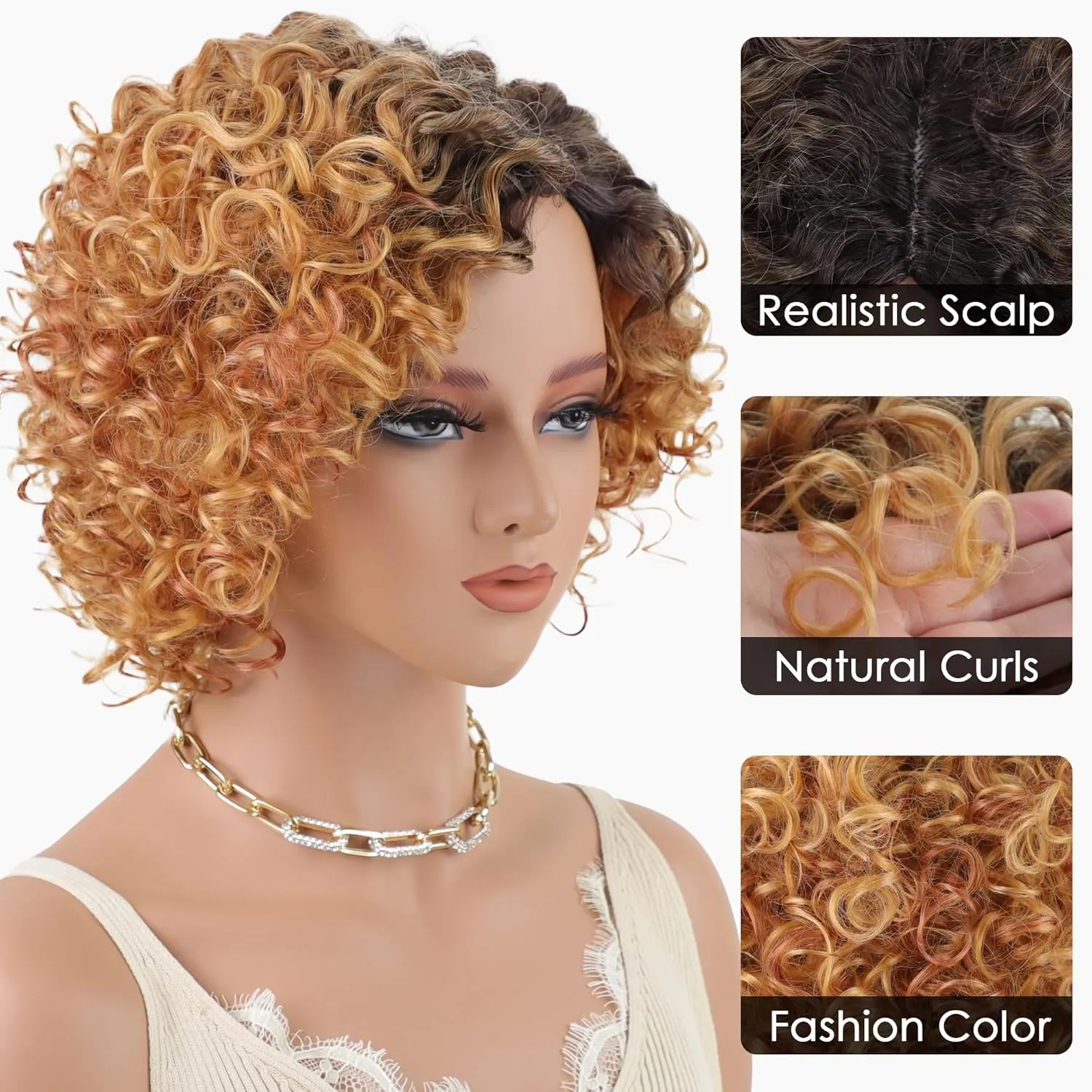 XIUFAXIRUSI XIUFAXIRUSI Short Blonde Curly Wigs for Black Women Ombre Blonde Kinky Curly Side Part Wig Afro Synthetic Short Bob Hair Wig