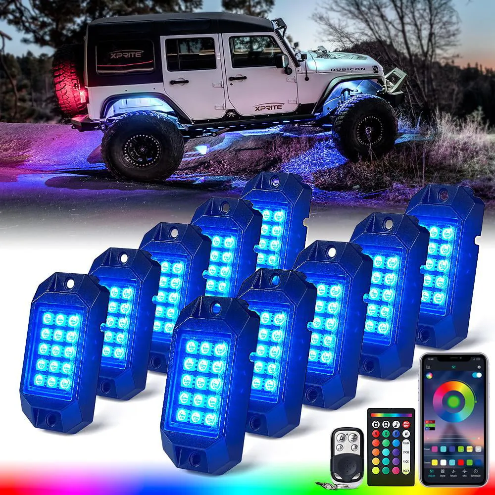 Xprite Discovery Series RGB LED Rock Lights Underglow Neon Light Kit with Remote Control & Bluetooth Options-10PC Fits select: 1975-2022 FORD F150, 1999-2022 CHEVROLET SILVERADO