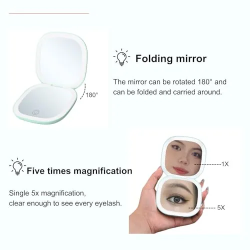 YABAHU Makeup Mirror with Lights - Dual-Sided Green LED Pocket Mirror, 1X/5X Magnifying Travel Mirror, 3 Light Modes, Rechargeable Handheld Mirror for On-The-Go Makeup, Grooming, and Gifts