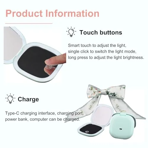 YABAHU Makeup Mirror with Lights - Dual-Sided Green LED Pocket Mirror, 1X/5X Magnifying Travel Mirror, 3 Light Modes, Rechargeable Handheld Mirror for On-The-Go Makeup, Grooming, and Gifts