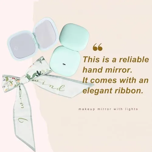 YABAHU Makeup Mirror with Lights - Dual-Sided Green LED Pocket Mirror, 1X/5X Magnifying Travel Mirror, 3 Light Modes, Rechargeable Handheld Mirror for On-The-Go Makeup, Grooming, and Gifts
